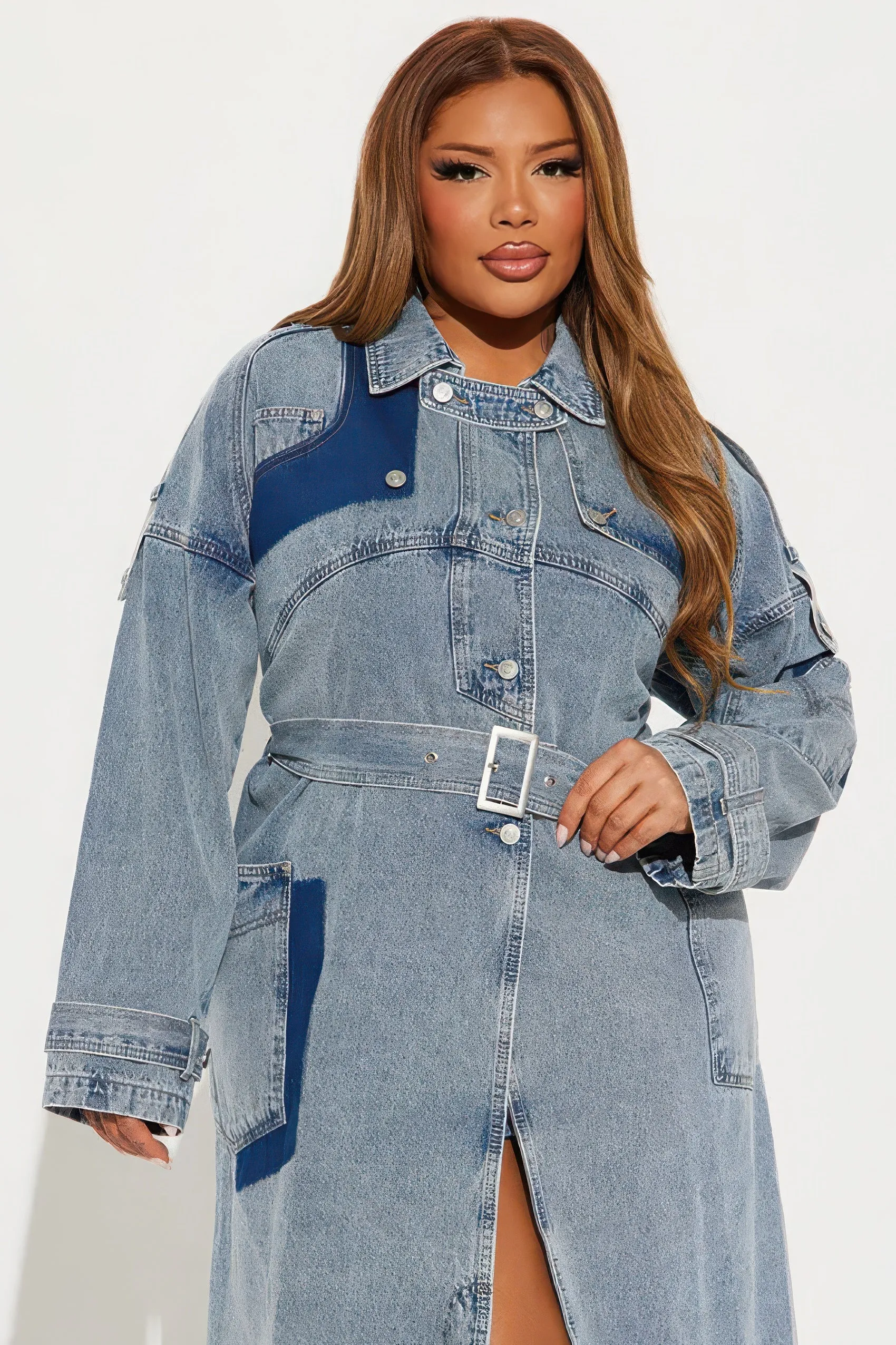 2024 Fall/Winter Women's Long Denim Trench Coat with Belt