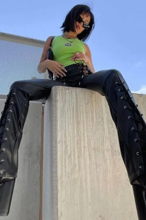 Bandage Slim PU Leather Pants