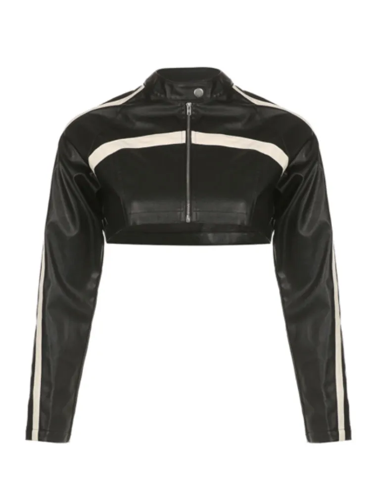 Black Zip-Up PU Leather Jacket Top