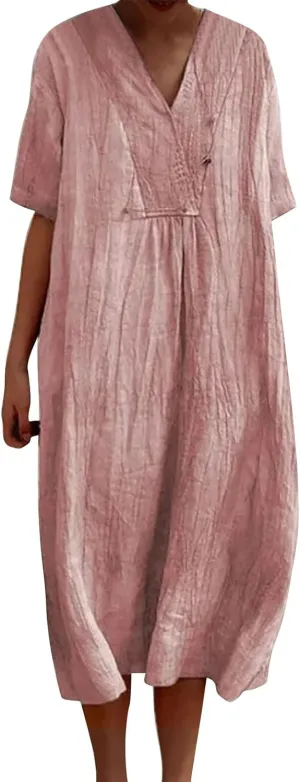 Boho Dresses for Women 2024 Linen Vintage Solid Midi Dress with Pockets V Neck Loose Casual Flowy Summer Beach Dress