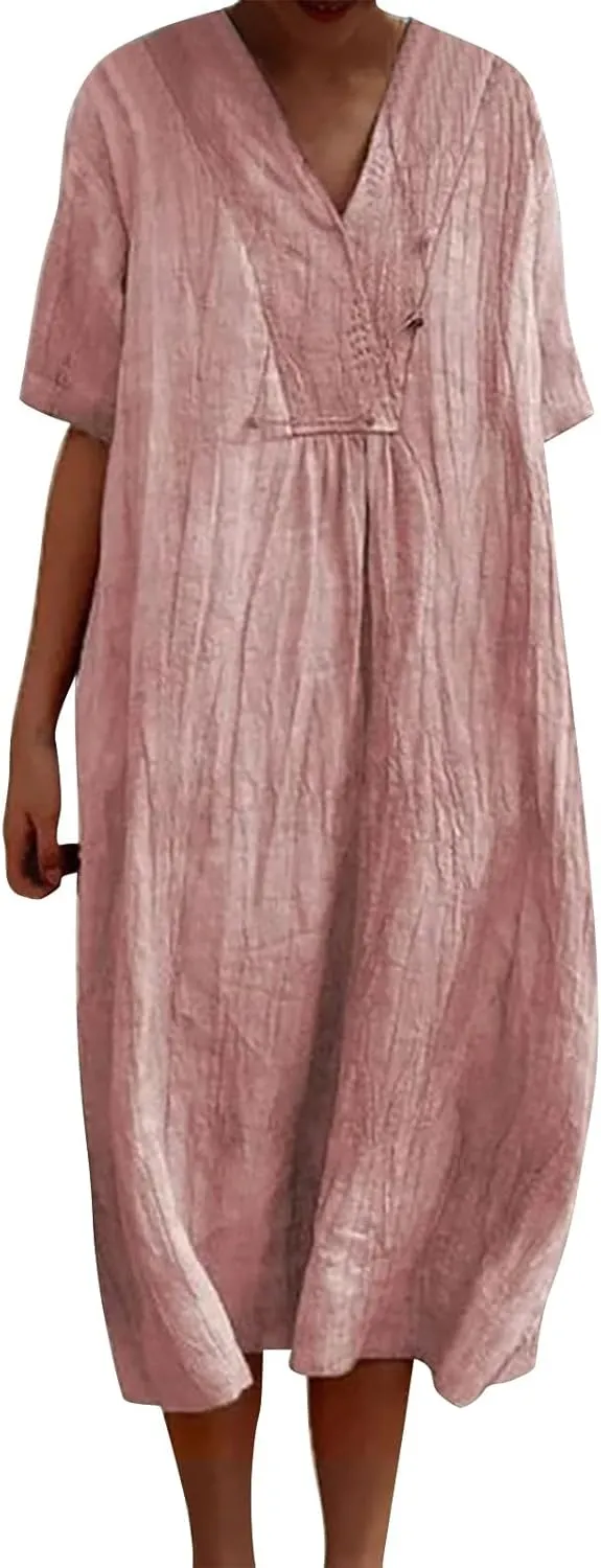 Boho Dresses for Women 2024 Linen Vintage Solid Midi Dress with Pockets V Neck Loose Casual Flowy Summer Beach Dress