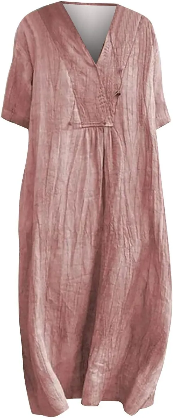 Boho Dresses for Women 2024 Linen Vintage Solid Midi Dress with Pockets V Neck Loose Casual Flowy Summer Beach Dress