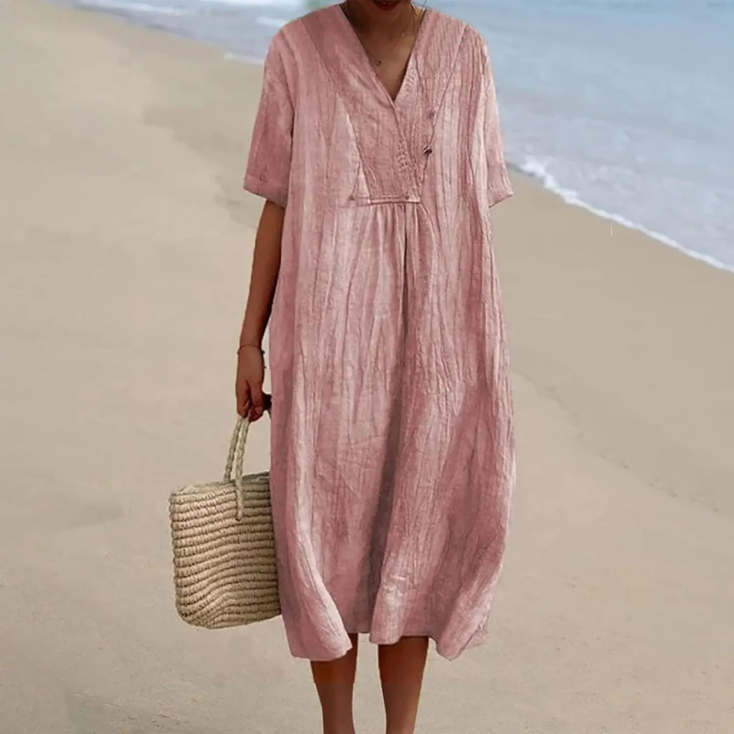 Boho Dresses for Women 2024 Linen Vintage Solid Midi Dress with Pockets V Neck Loose Casual Flowy Summer Beach Dress