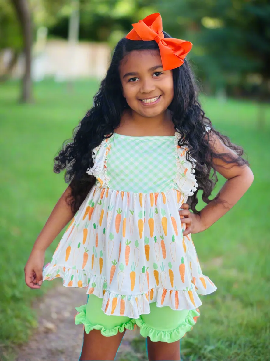 Bunny Carrot Gingham & Pompom Ruffle Shortie Set