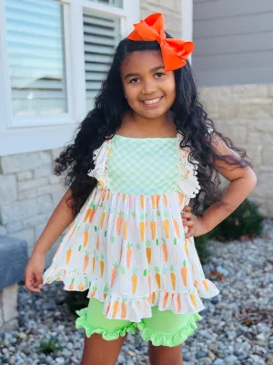 Bunny Carrot Gingham & Pompom Ruffle Shortie Set