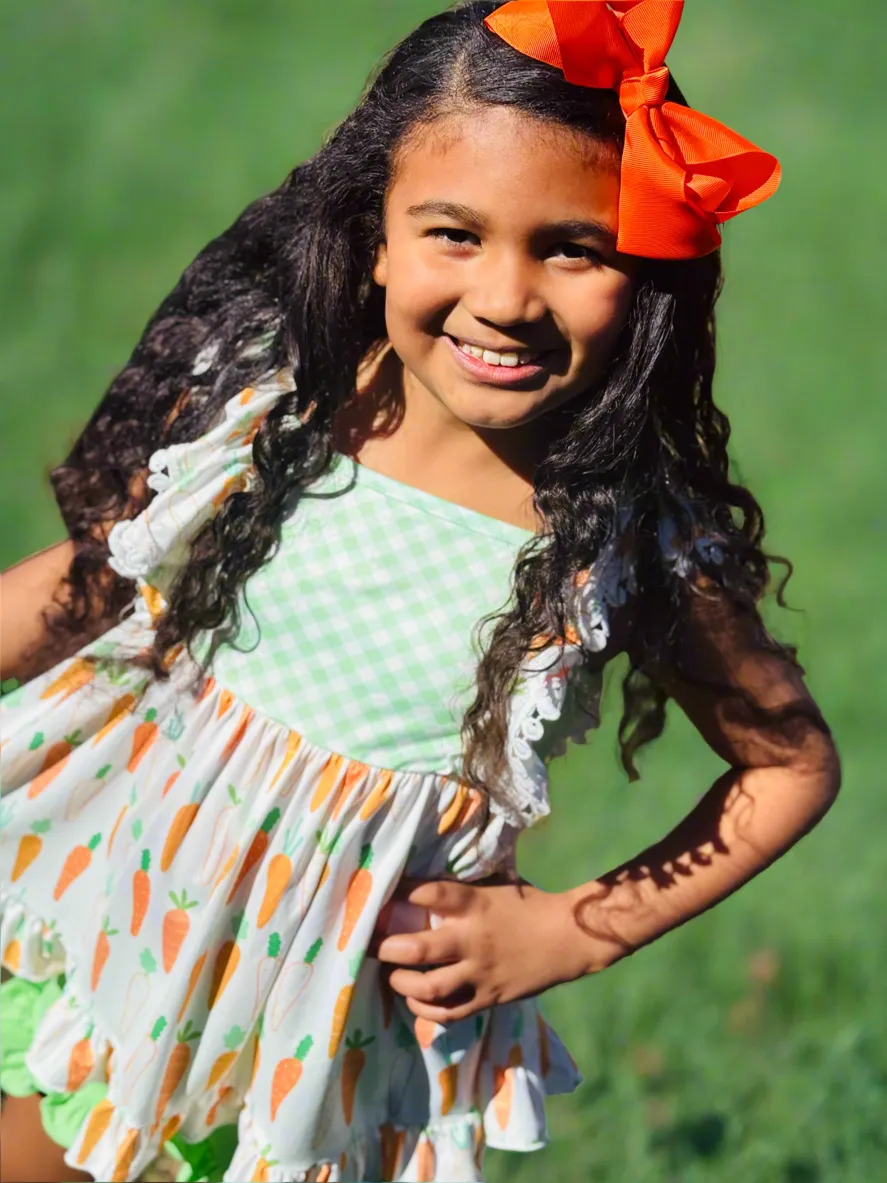 Bunny Carrot Gingham & Pompom Ruffle Shortie Set