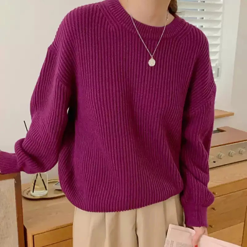 Candy Color Striped Loose Solid Color Pullover Sweater
