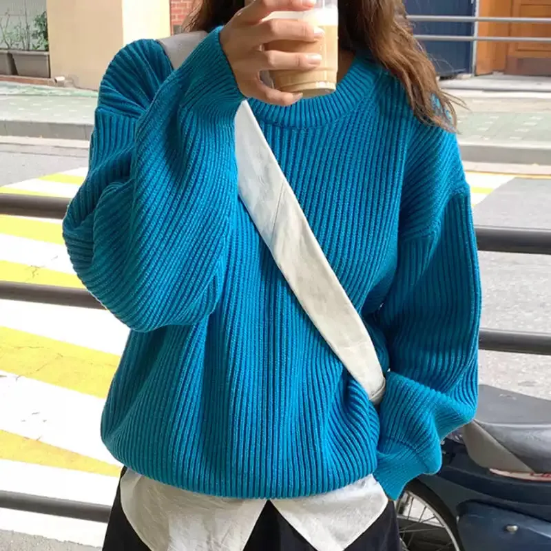 Candy Color Striped Loose Solid Color Pullover Sweater