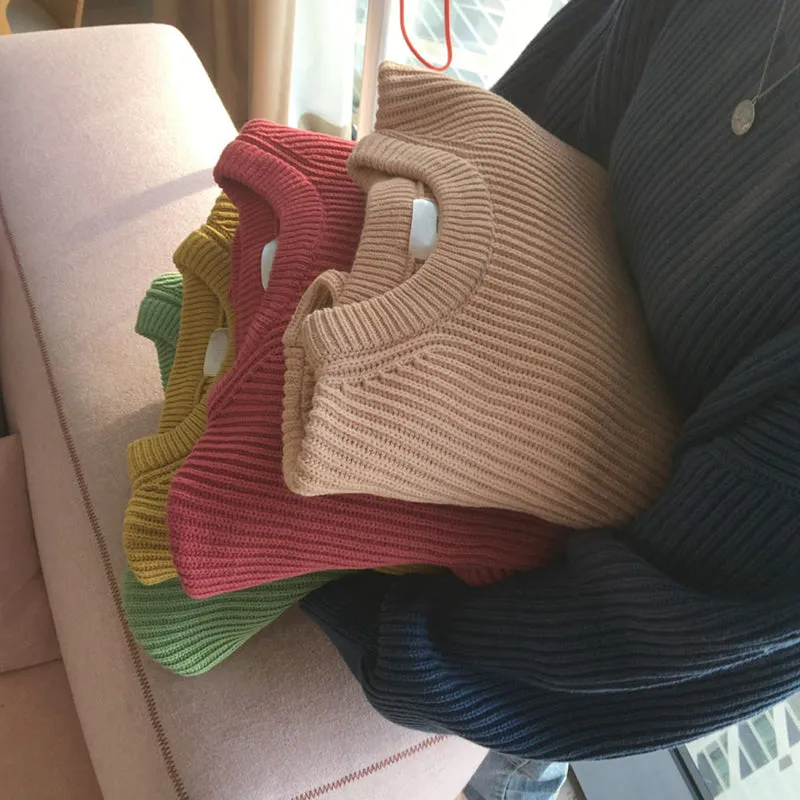 Candy Color Striped Loose Solid Color Pullover Sweater