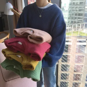 Candy Color Striped Loose Solid Color Pullover Sweater