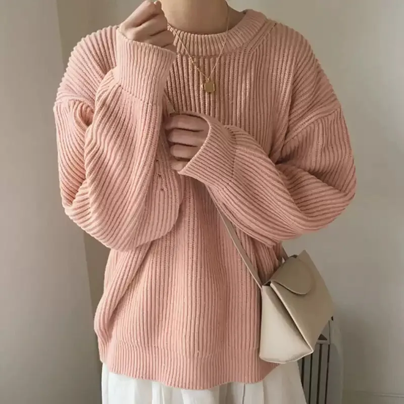 Candy Color Striped Loose Solid Color Pullover Sweater