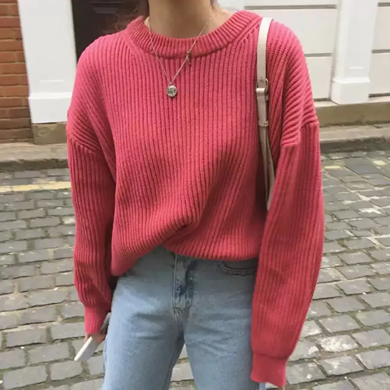 Candy Color Striped Loose Solid Color Pullover Sweater