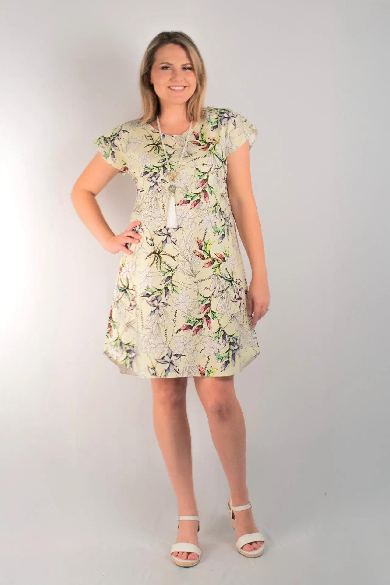Citrus Print Linen/Silk Short Sleeve Dress