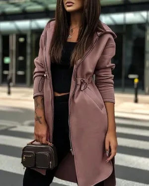 Drawstring Zipper Pocket Hooded Sweatshirt 2024 Autumn For Women Coat