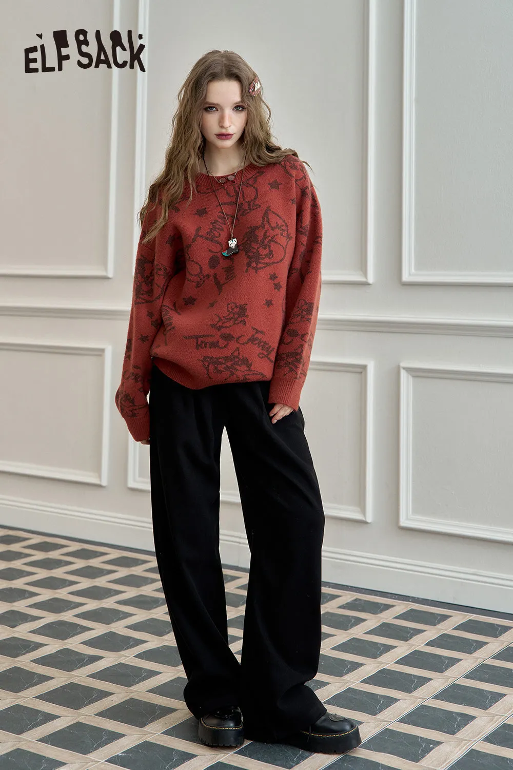 ELFSACK 2024 Autumn New Arrivals Women's loose retro red straight casual pants