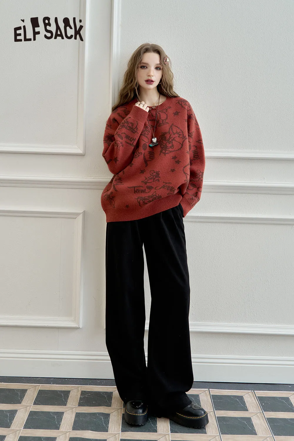 ELFSACK 2024 Autumn New Arrivals Women's loose retro red straight casual pants