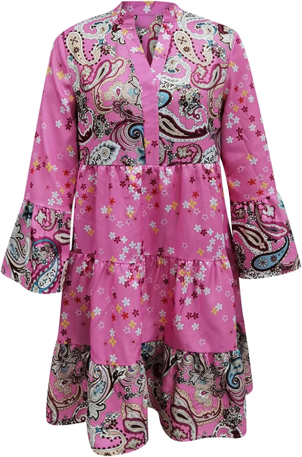 Floral Midi Dresses for Women Long Sleeve Vintage Flowy Ruffle Boho Dress 2025 Summer V Neck Beach Vacation Sundress