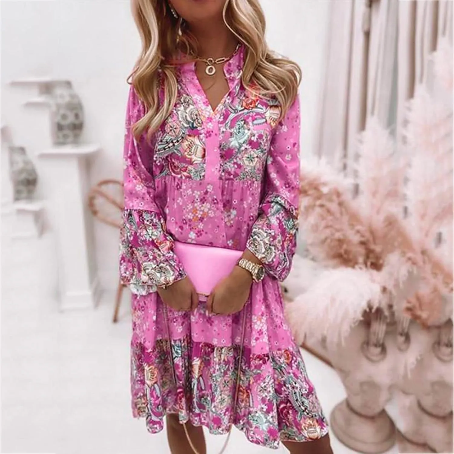 Floral Midi Dresses for Women Long Sleeve Vintage Flowy Ruffle Boho Dress 2025 Summer V Neck Beach Vacation Sundress