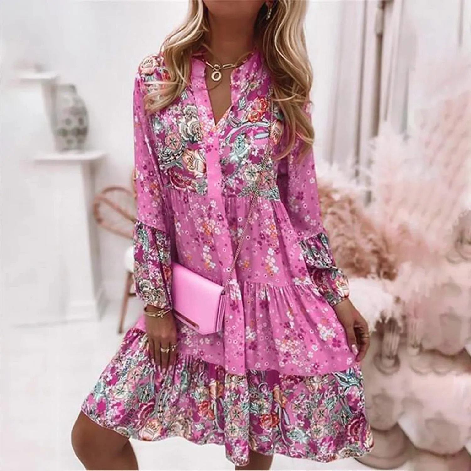 Floral Midi Dresses for Women Long Sleeve Vintage Flowy Ruffle Boho Dress 2025 Summer V Neck Beach Vacation Sundress