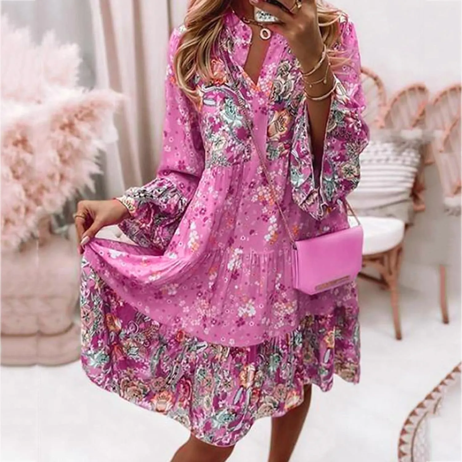 Floral Midi Dresses for Women Long Sleeve Vintage Flowy Ruffle Boho Dress 2025 Summer V Neck Beach Vacation Sundress