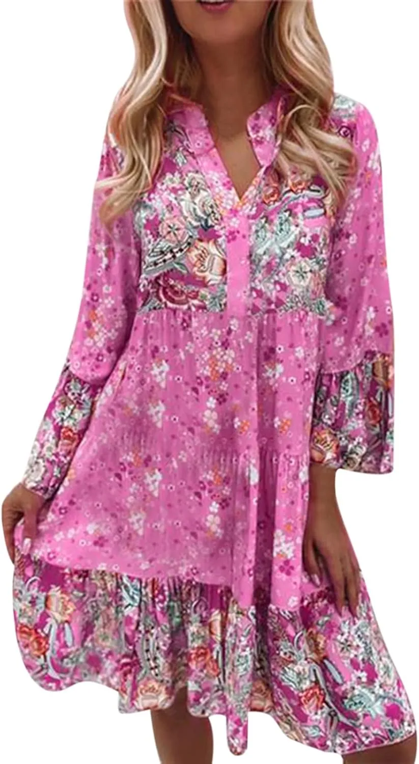 Floral Midi Dresses for Women Long Sleeve Vintage Flowy Ruffle Boho Dress 2025 Summer V Neck Beach Vacation Sundress