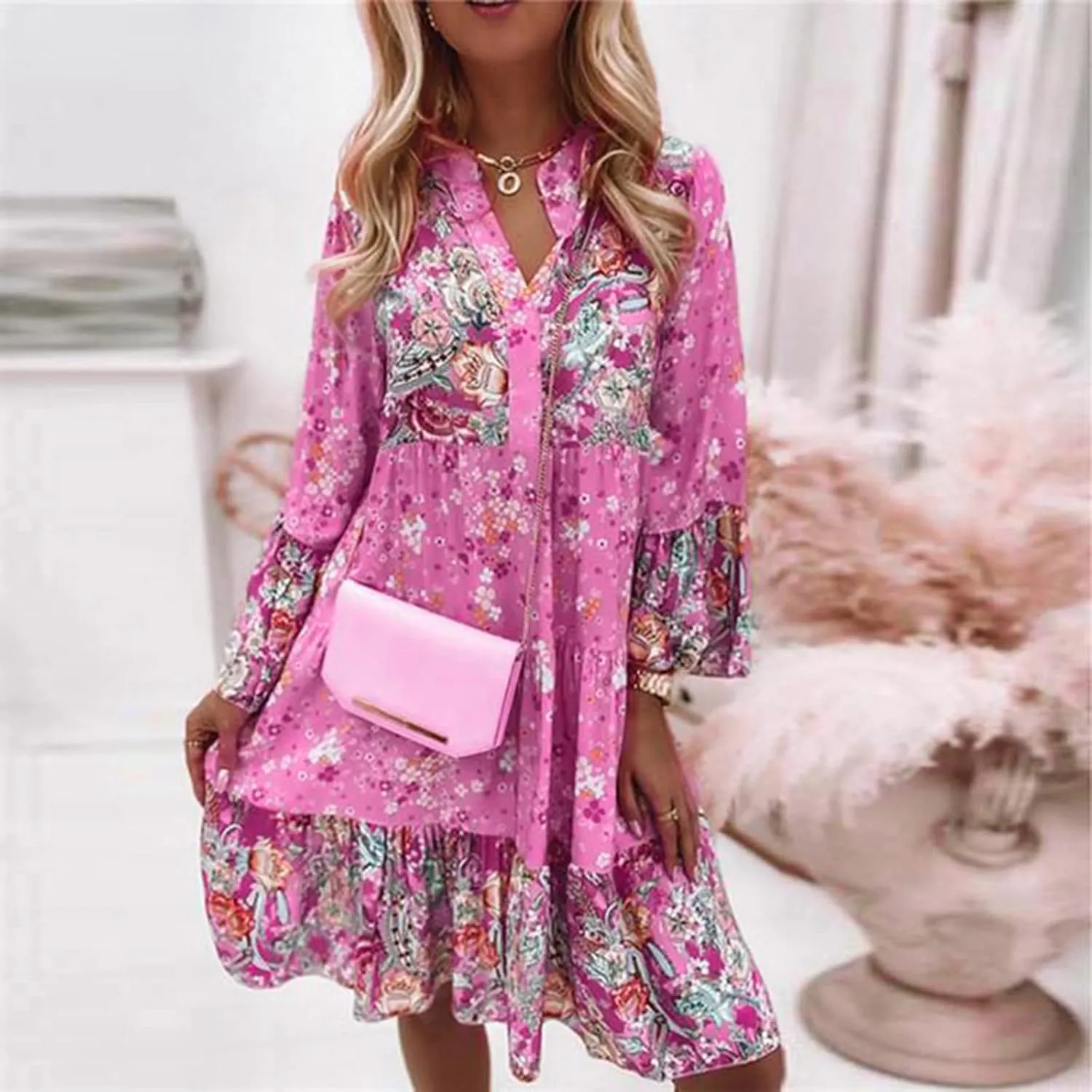 Floral Midi Dresses for Women Long Sleeve Vintage Flowy Ruffle Boho Dress 2025 Summer V Neck Beach Vacation Sundress