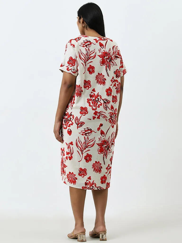 Gia Red Floral Printed Cotton Blend Straight Dress