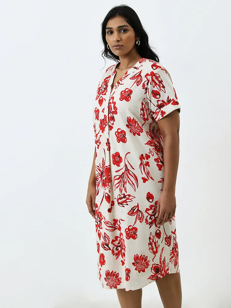 Gia Red Floral Printed Cotton Blend Straight Dress