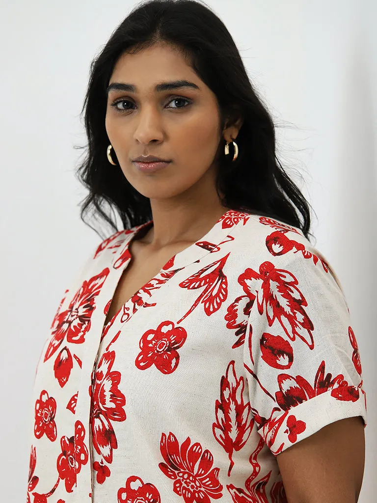 Gia Red Floral Printed Cotton Blend Straight Dress