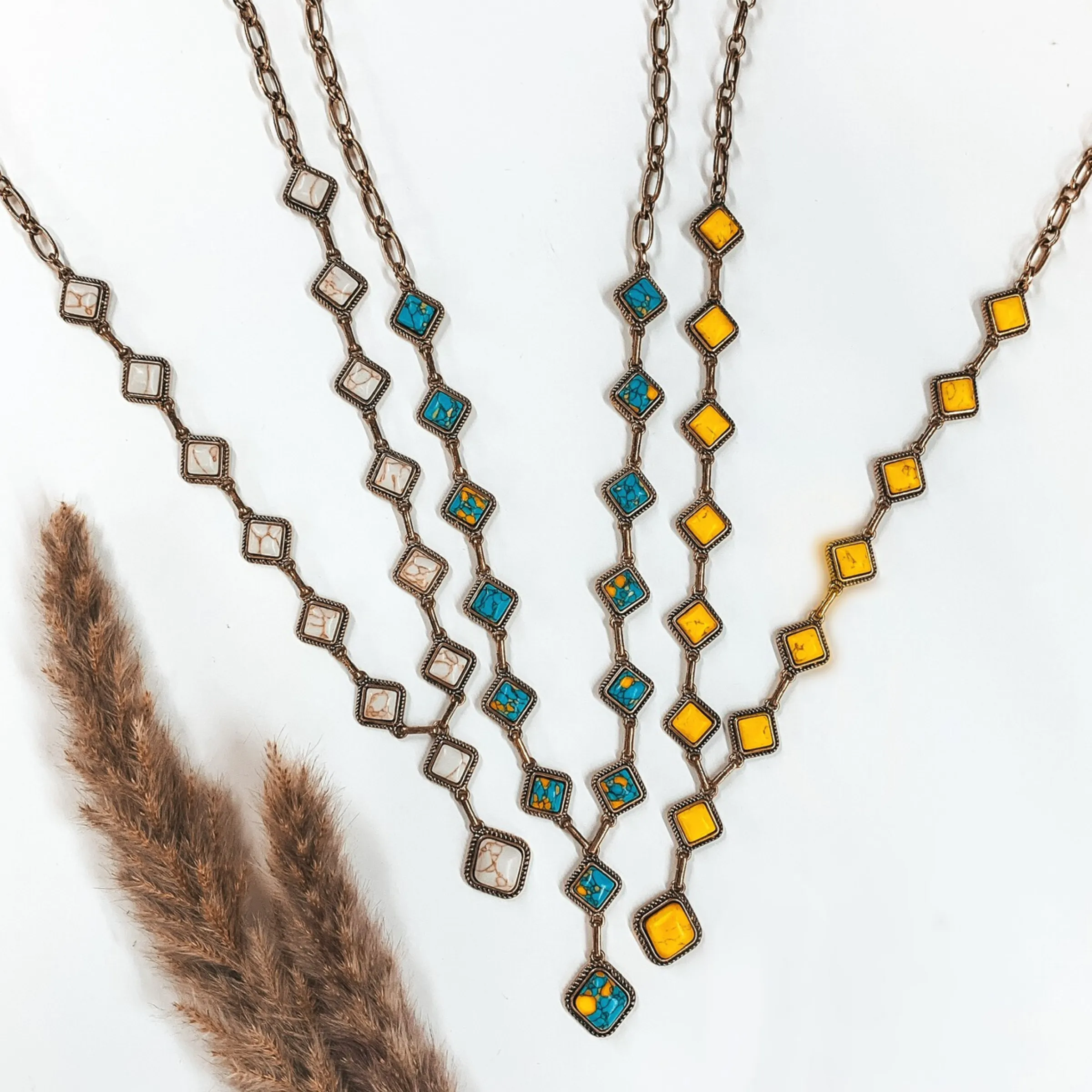 Gold Chain Necklace with Mustard Yellow Square Stones