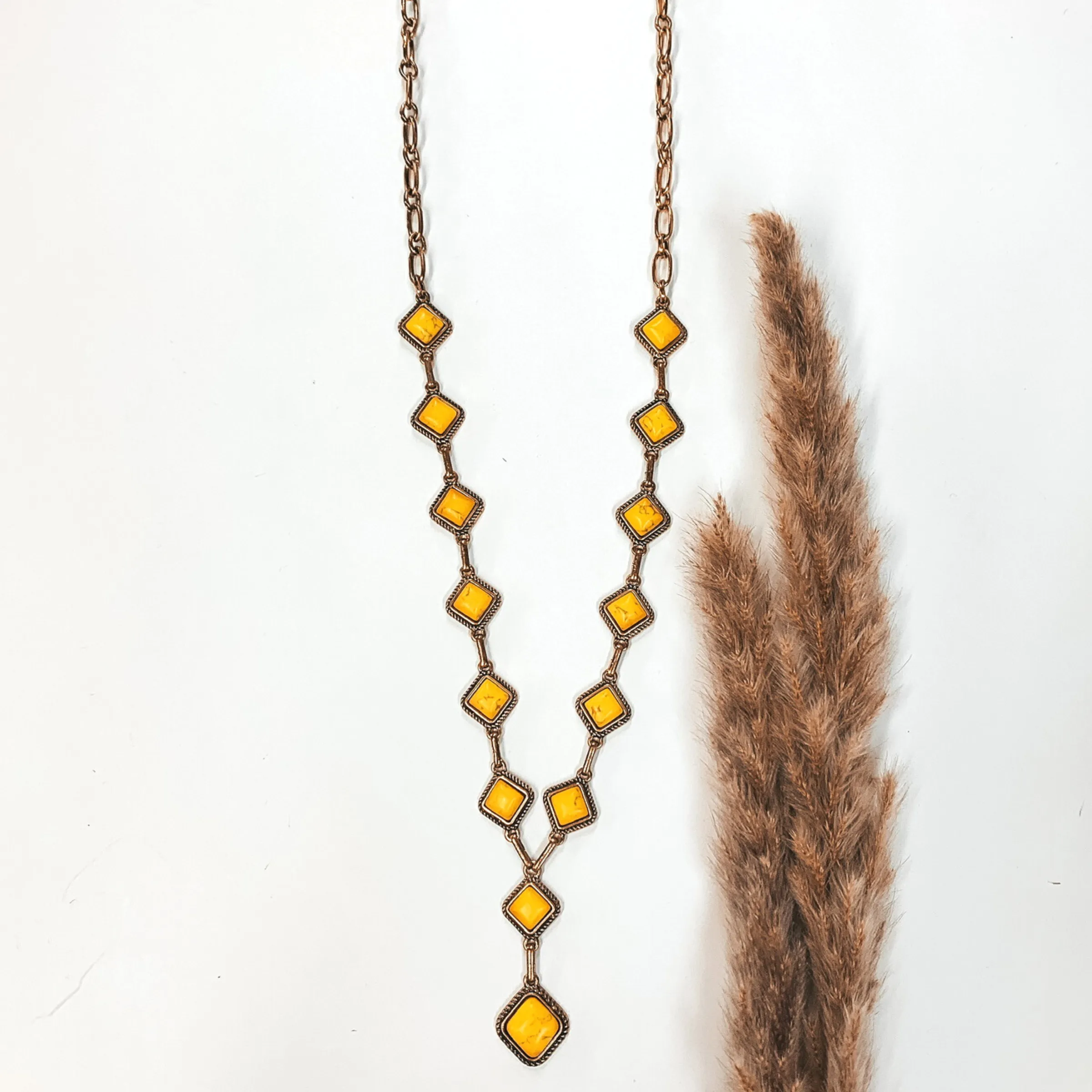Gold Chain Necklace with Mustard Yellow Square Stones