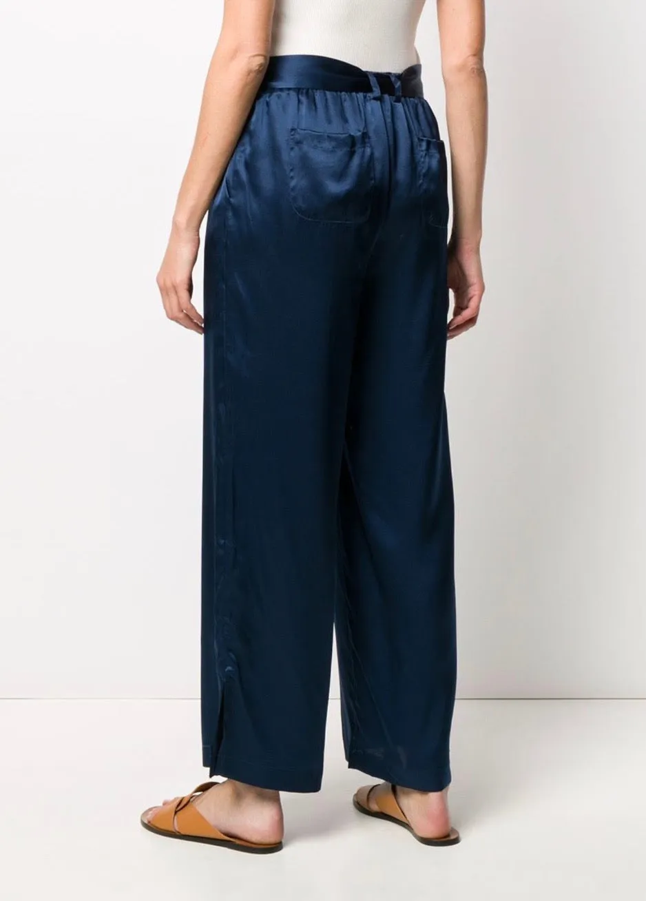 Gold Hawk Slit Silk Wide-Leg Pant - Navy