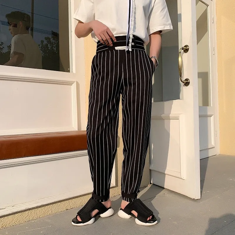 High Waist Casual Striped Vintage Style Men Pants