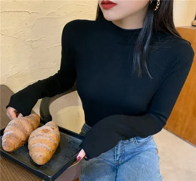 Korean Slimming Slim-Look Long Sleeved Half-Height Collar Women Sweater