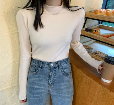 Korean Slimming Slim-Look Long Sleeved Half-Height Collar Women Sweater