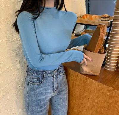 Korean Slimming Slim-Look Long Sleeved Half-Height Collar Women Sweater