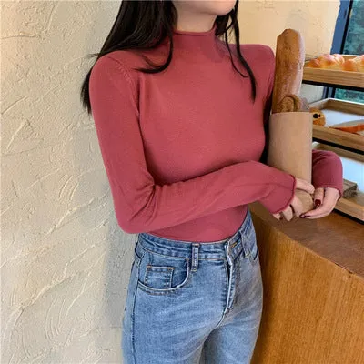 Korean Slimming Slim-Look Long Sleeved Half-Height Collar Women Sweater