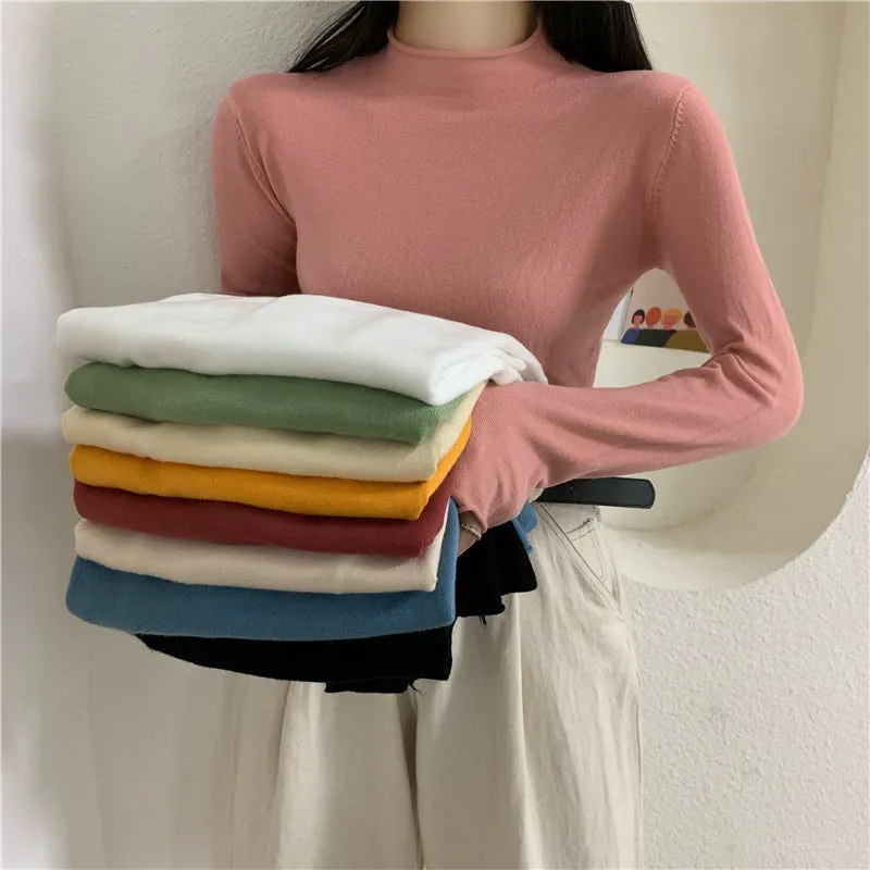Korean Slimming Slim-Look Long Sleeved Half-Height Collar Women Sweater