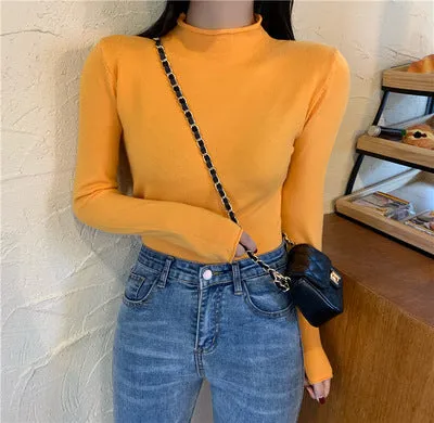 Korean Slimming Slim-Look Long Sleeved Half-Height Collar Women Sweater