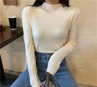 Korean Slimming Slim-Look Long Sleeved Half-Height Collar Women Sweater
