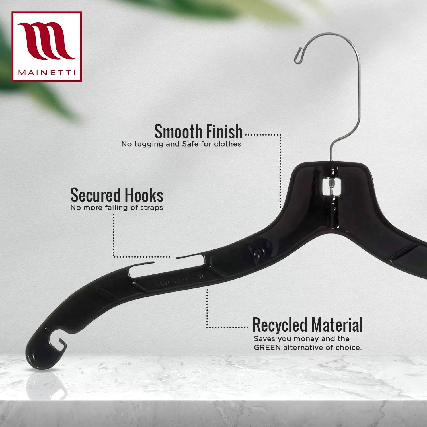 Mainetti 5400, 17" Black Plastic, Shirt Top Dress Hangers, with 360 swivel metal hook and notches for straps