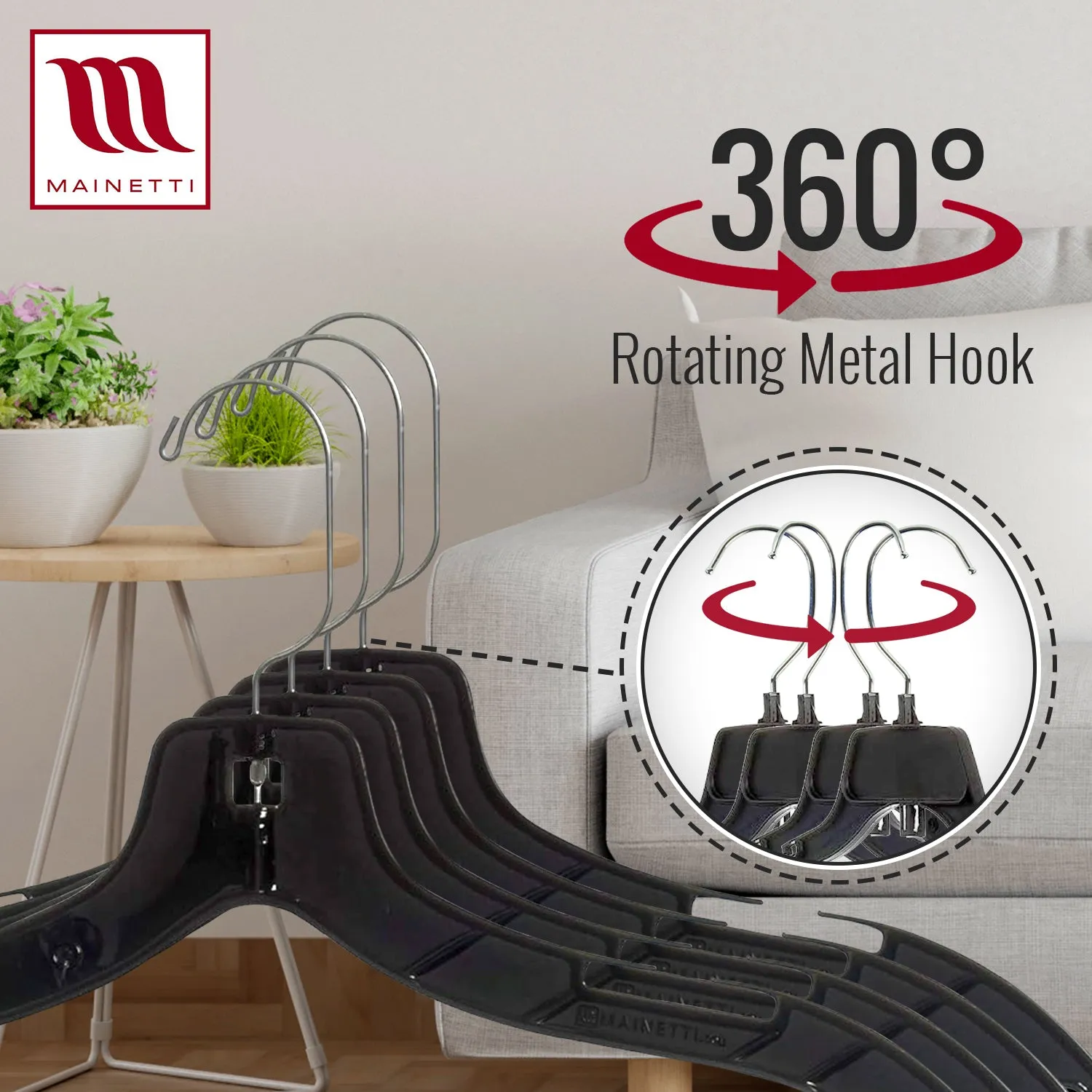 Mainetti 5400, 17" Black Plastic, Shirt Top Dress Hangers, with 360 swivel metal hook and notches for straps