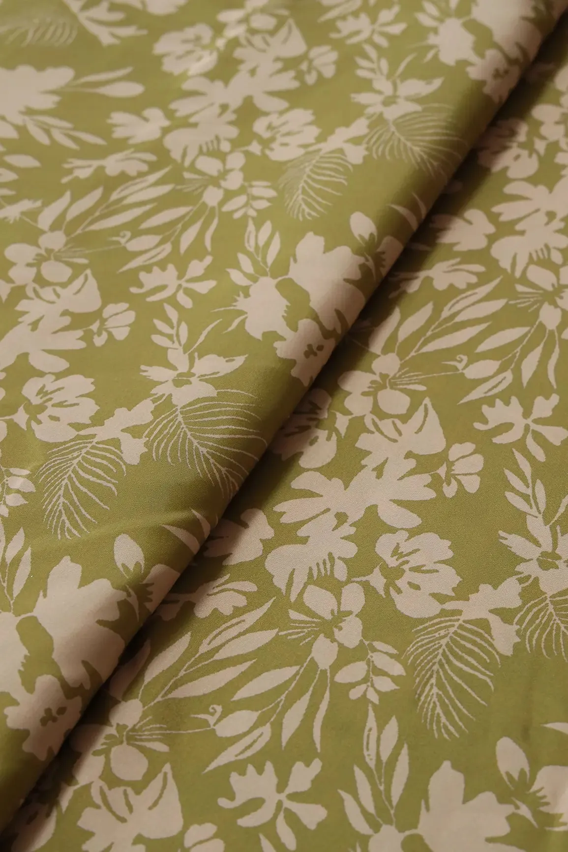 Mehendi Green And Off White Floral Pattern Digital Print On French Crepe Fabric