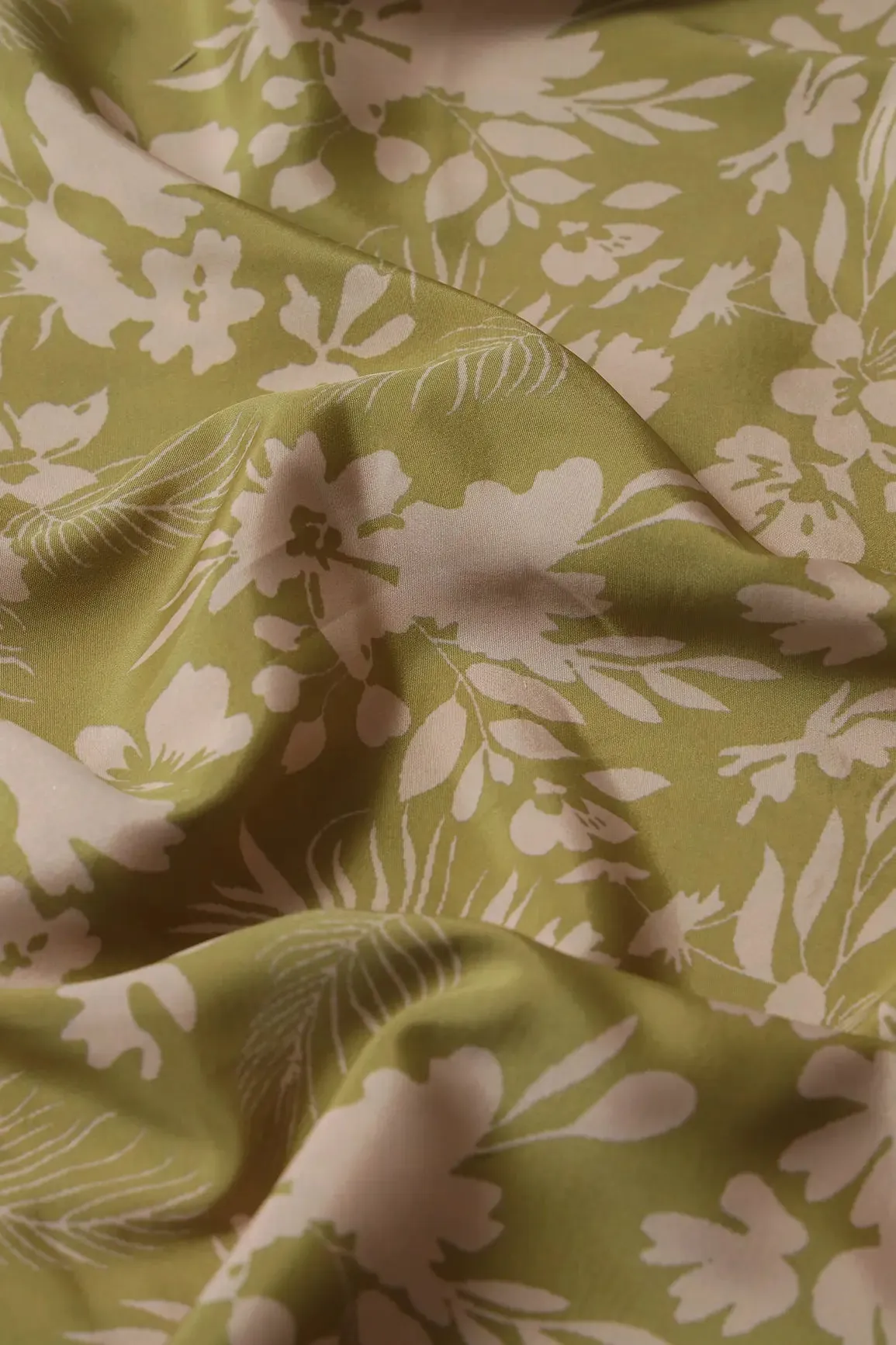 Mehendi Green And Off White Floral Pattern Digital Print On French Crepe Fabric