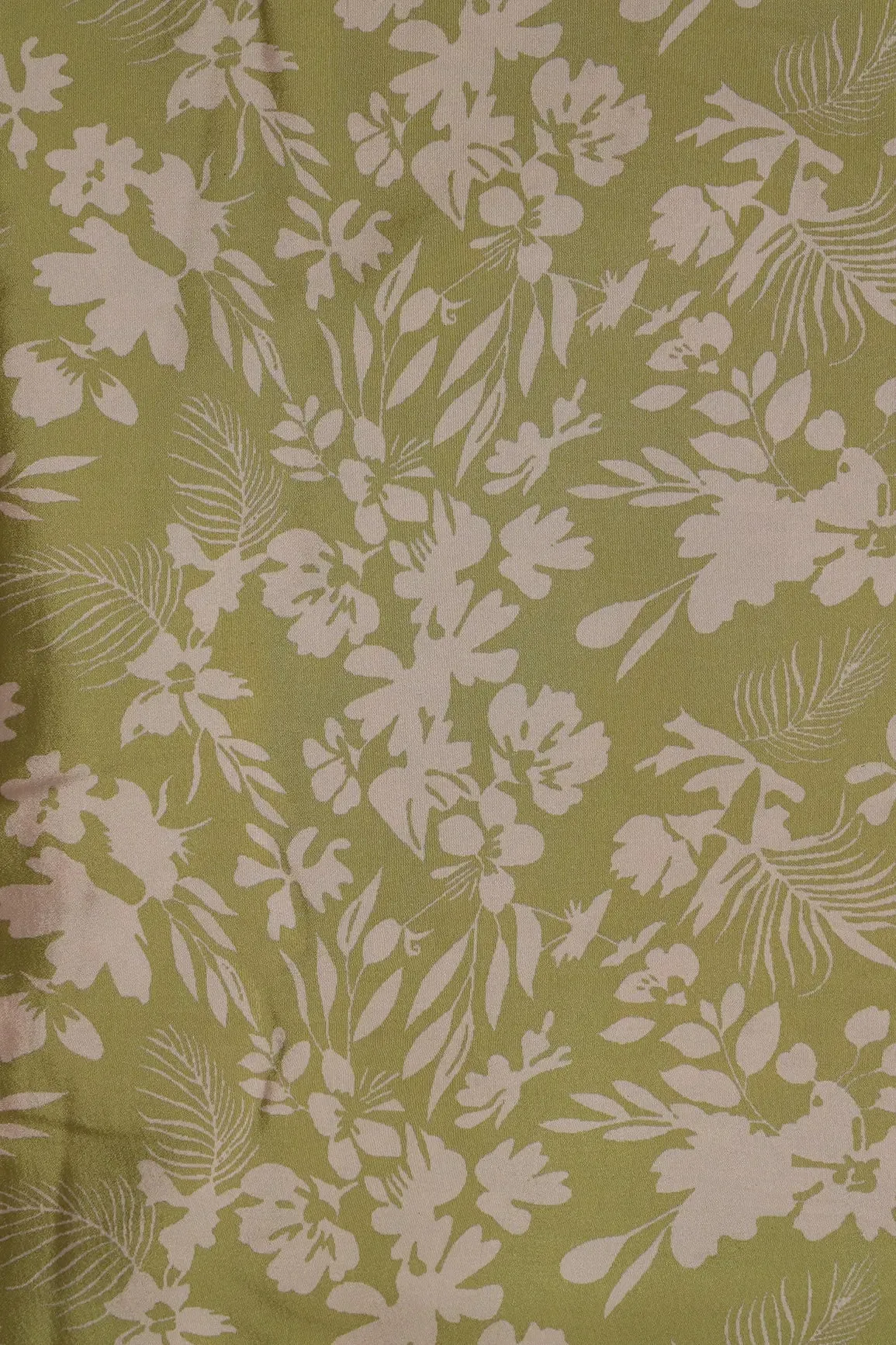 Mehendi Green And Off White Floral Pattern Digital Print On French Crepe Fabric