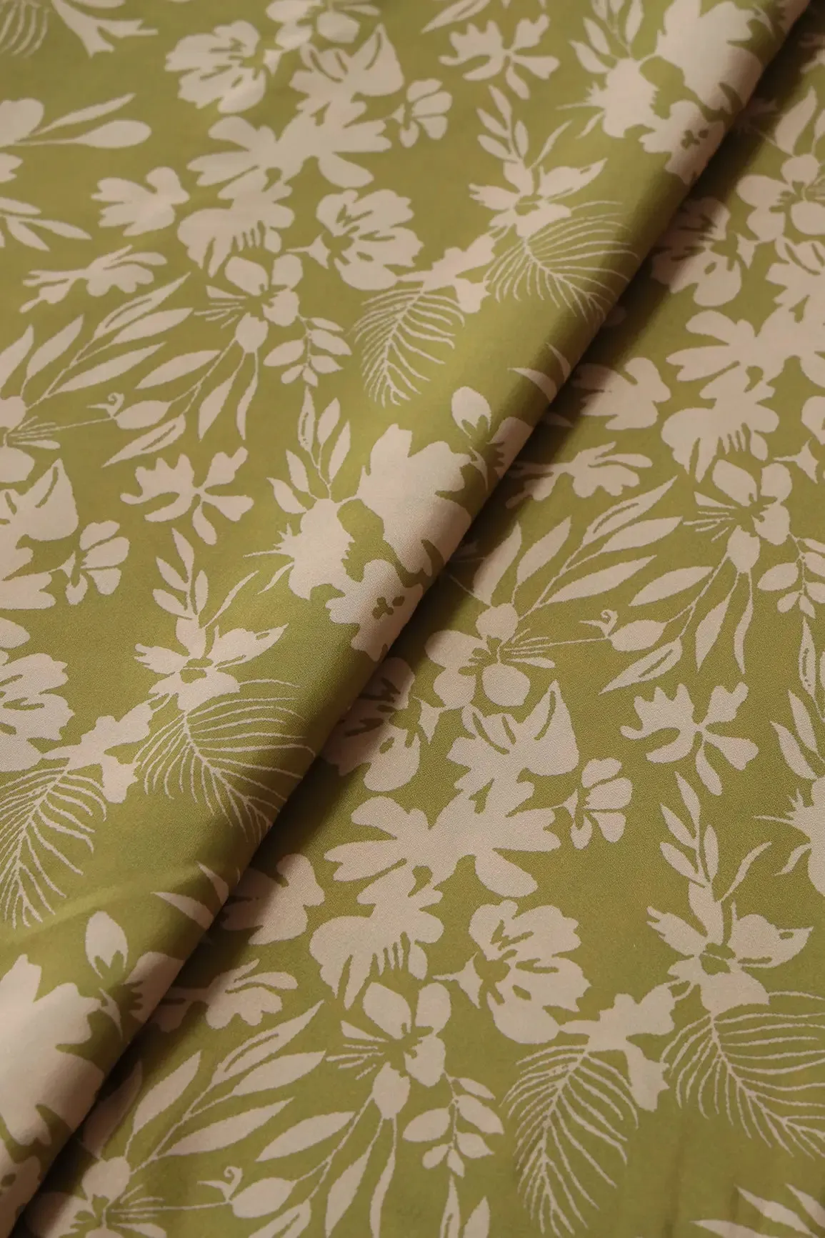 Mehendi Green And Off White Floral Pattern Digital Print On French Crepe Fabric