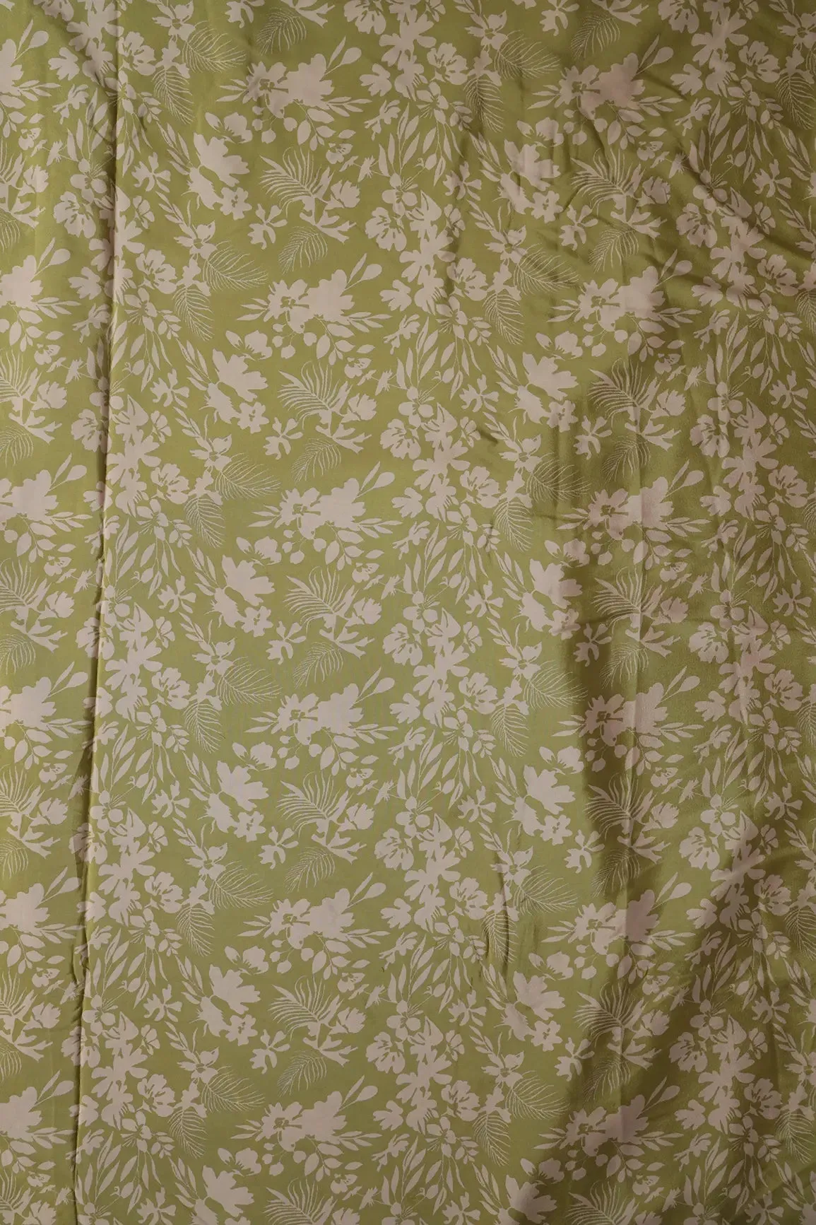 Mehendi Green And Off White Floral Pattern Digital Print On French Crepe Fabric