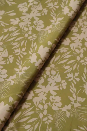 Mehendi Green And Off White Floral Pattern Digital Print On French Crepe Fabric