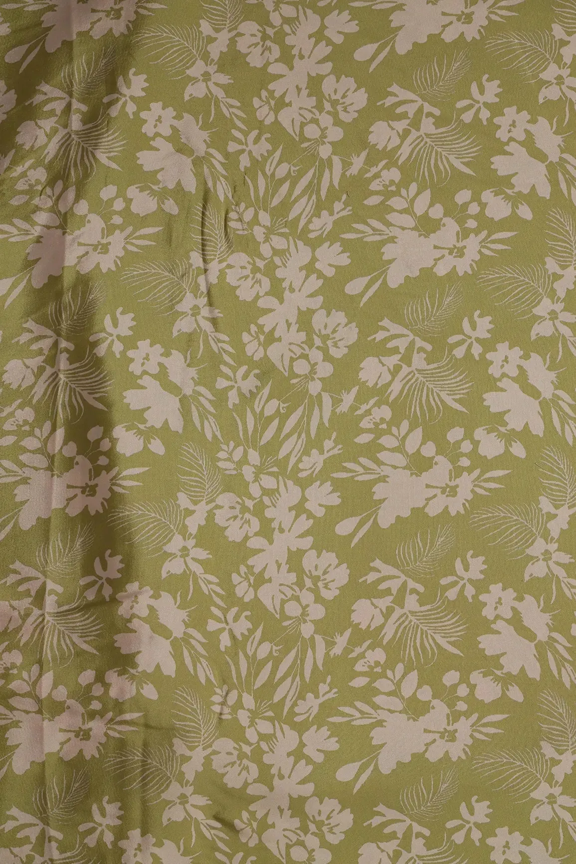 Mehendi Green And Off White Floral Pattern Digital Print On French Crepe Fabric