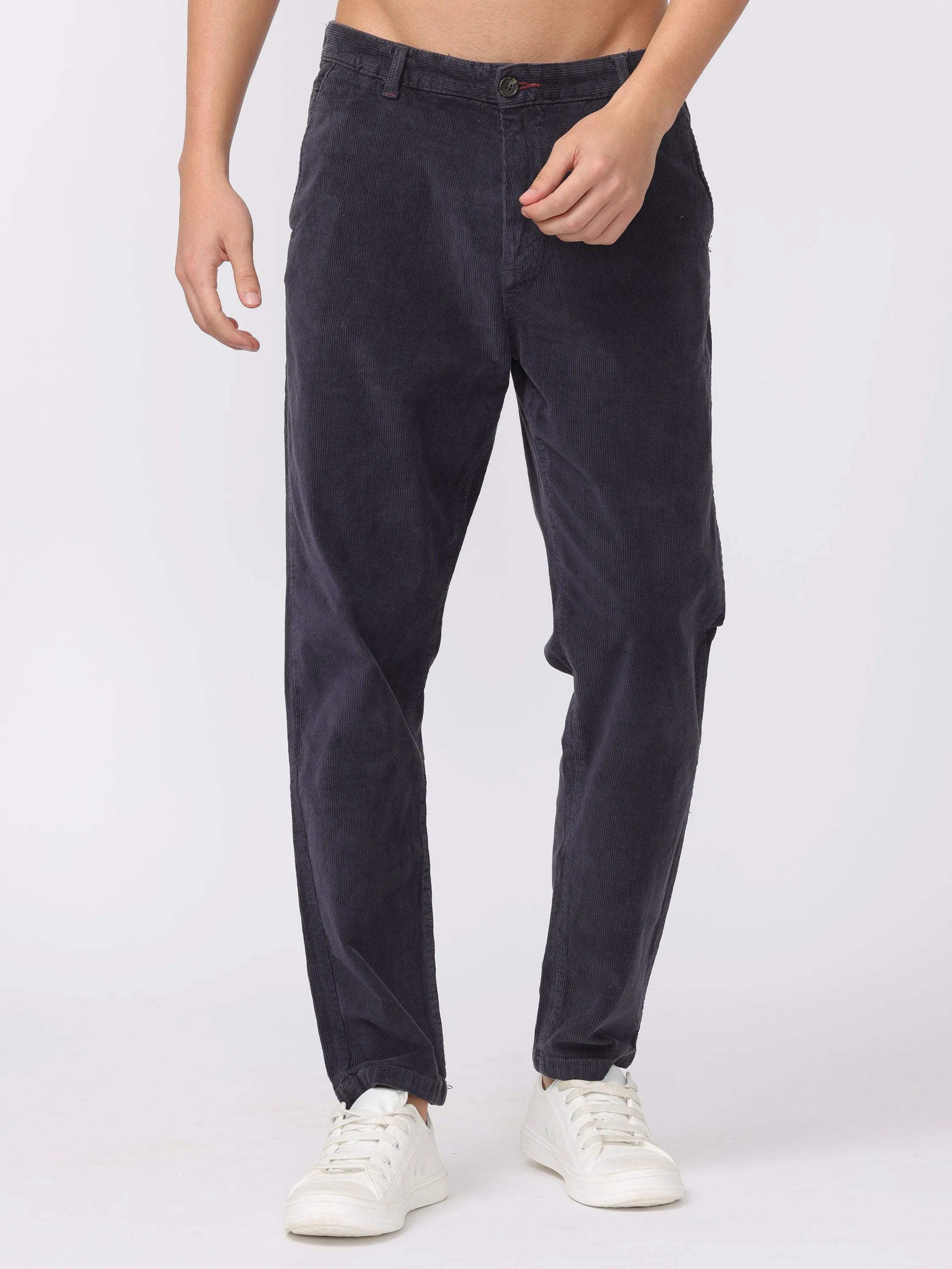 Men Navy Regular Fit Corduroy Pants